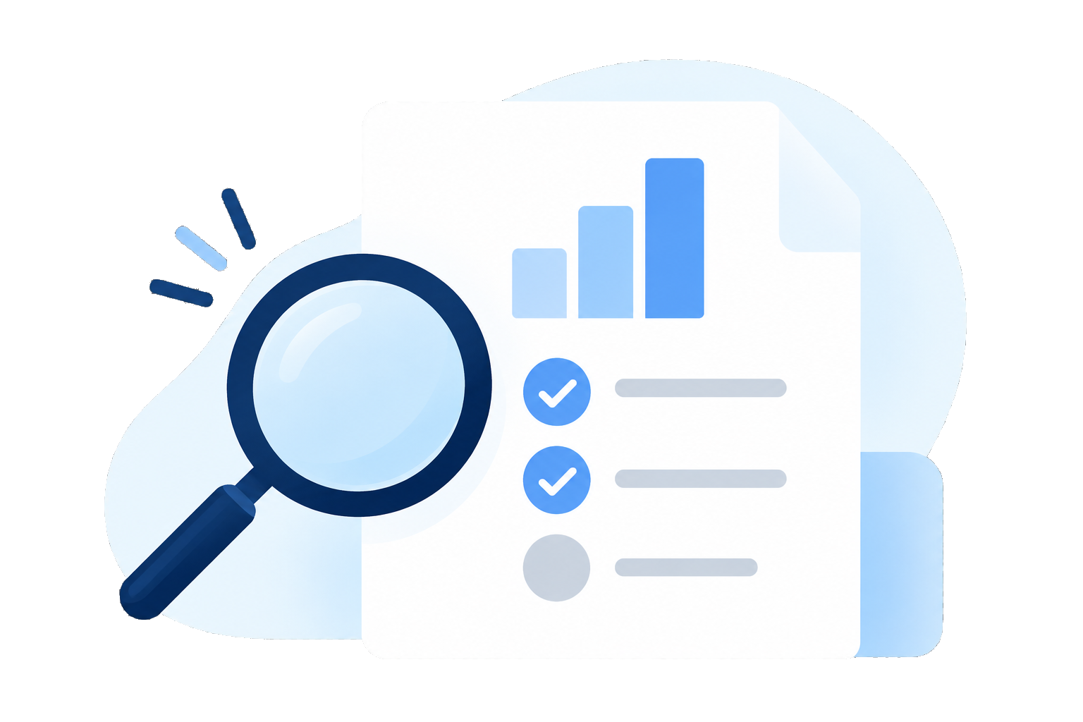 A magnifying glass examining a checklist and chart