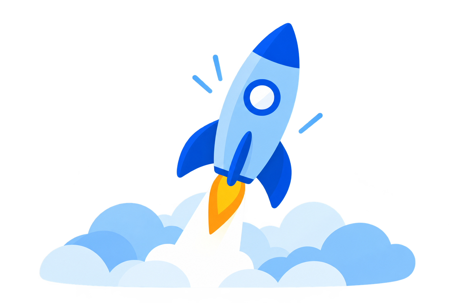A blue rocket launching above clouds